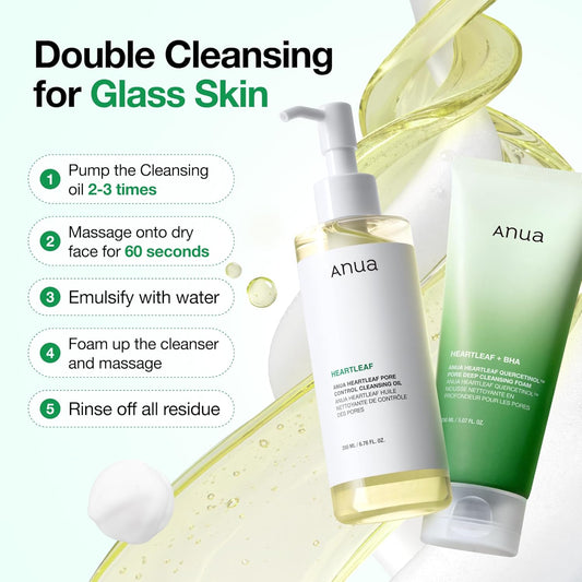 Double cleansing for glass skin in five steps: pump two to three times, massage on dry face for 60 seconds, emulsify with water, foam the cleanser, rinse