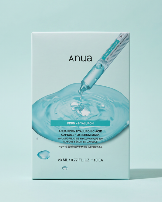 Anua PDRN Hyaluronic Acid Capsule 100 Serum Sheet Mask 10 Sheets - blue carton on a mint background