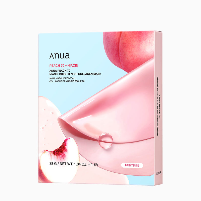 Anua Peach 70% Niacin Brightening Collagen Sheet Mask 4 Sheets on a plain white background
