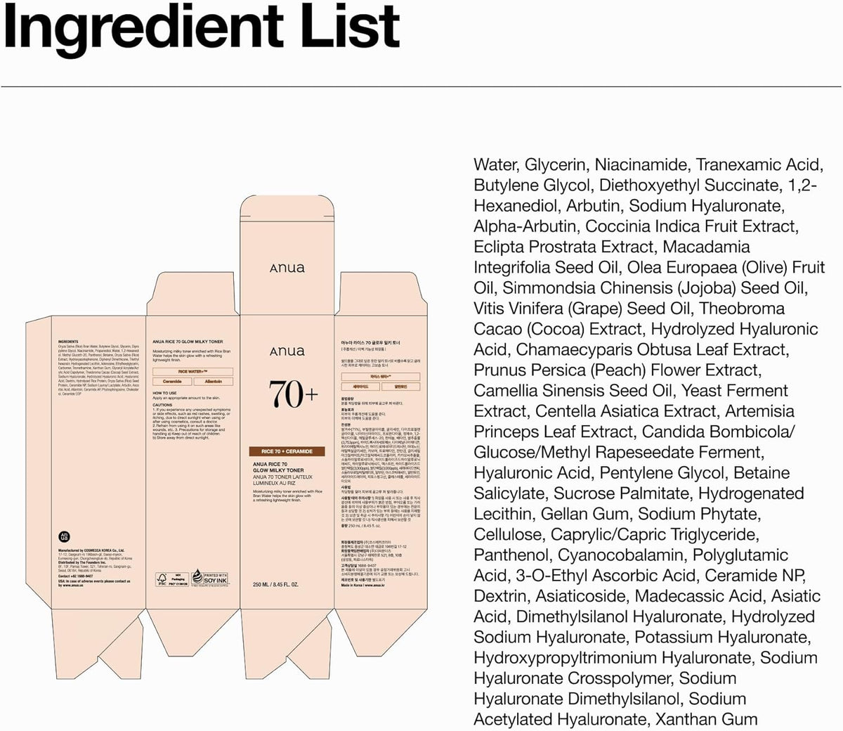 Ingredient list for the Rice 70 Glow Milky Toner beside the flattened carton artwork