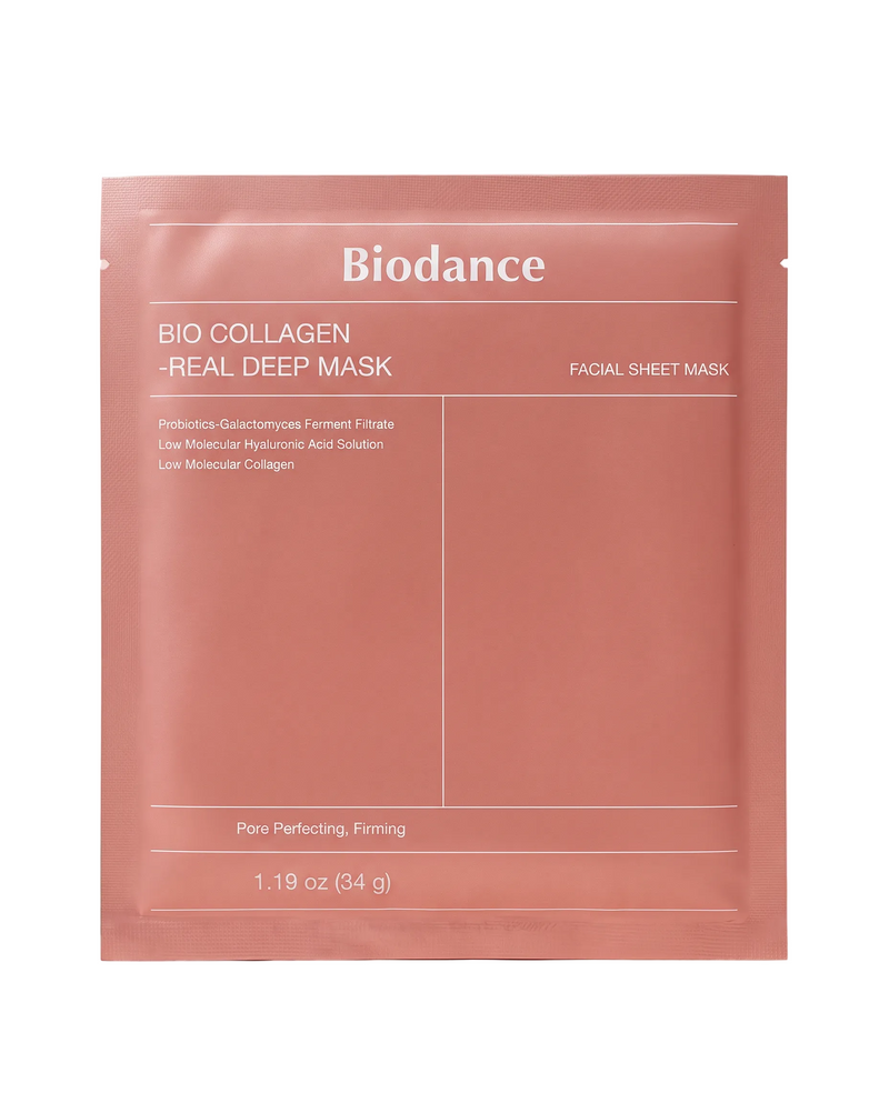 Biodance Bio-Collagen Deep Mask 4 Pack - single coral foil sachet, front of pack, on a pink background
