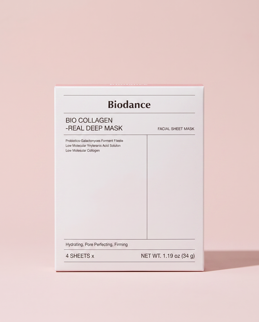 Biodance Bio-Collagen Deep Mask 4 Pack - retail carton, front of pack, on a pink background