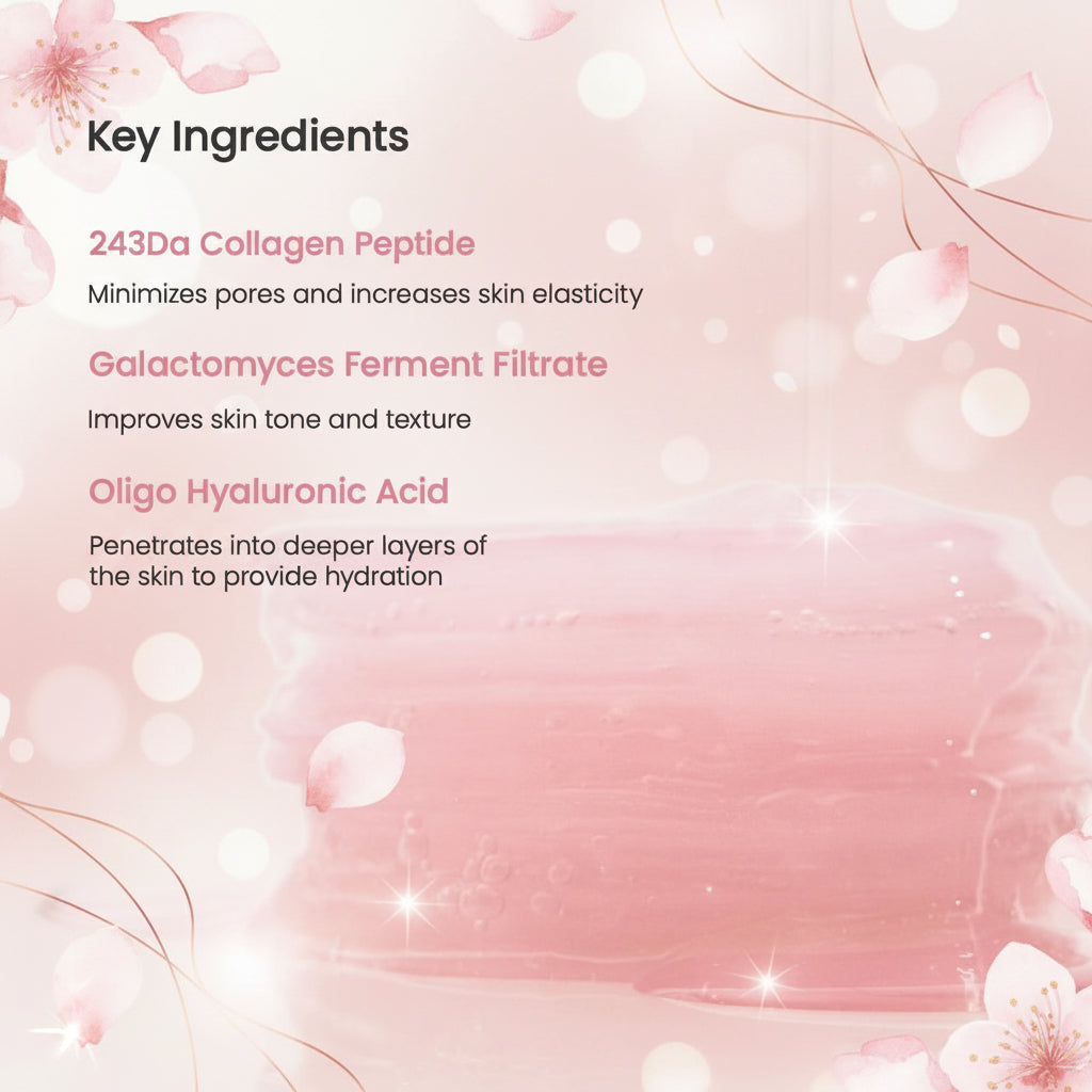 Key ingredients on a pink gel background: 243 Da collagen peptide, galactomyces ferment filtrate and oligo hyaluronic acid