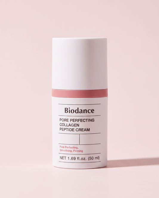 Biodance Pore Perfecting Collagen Cream 50ml - white and pink airless pump bottle on a pink background