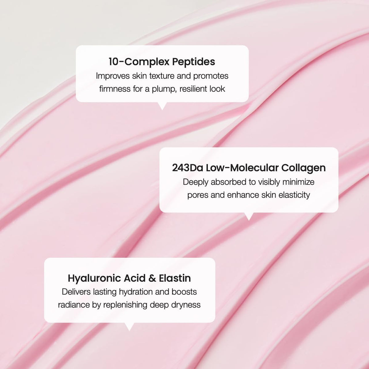 Key ingredients on pink cream: a 10-complex of peptides, 243 Da low-molecular collagen, and hyaluronic acid and elastin