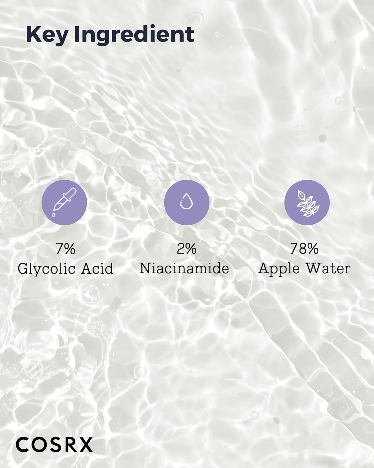 Key ingredients over rippling water: 7% glycolic acid, 2% niacinamide and 78% apple water