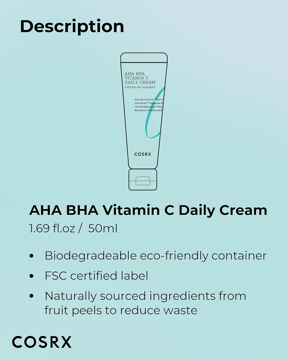 Description: AHA BHA Vitamin C Daily Cream, 50 ml, in a biodegradable container with an FSC-certified label and fruit-peel sourced ingredients