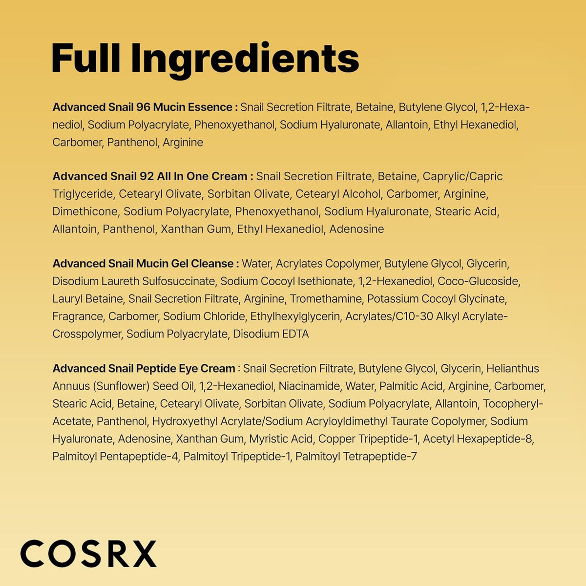 Full ingredients lists for all four products in the All About Snail Kit