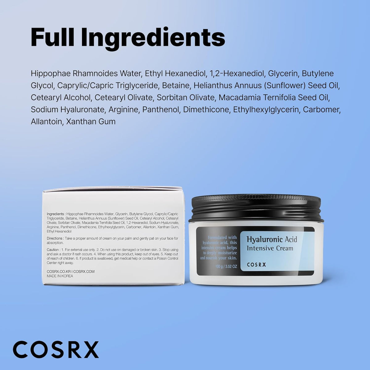 Full ingredients list above the cream jar and its outer carton