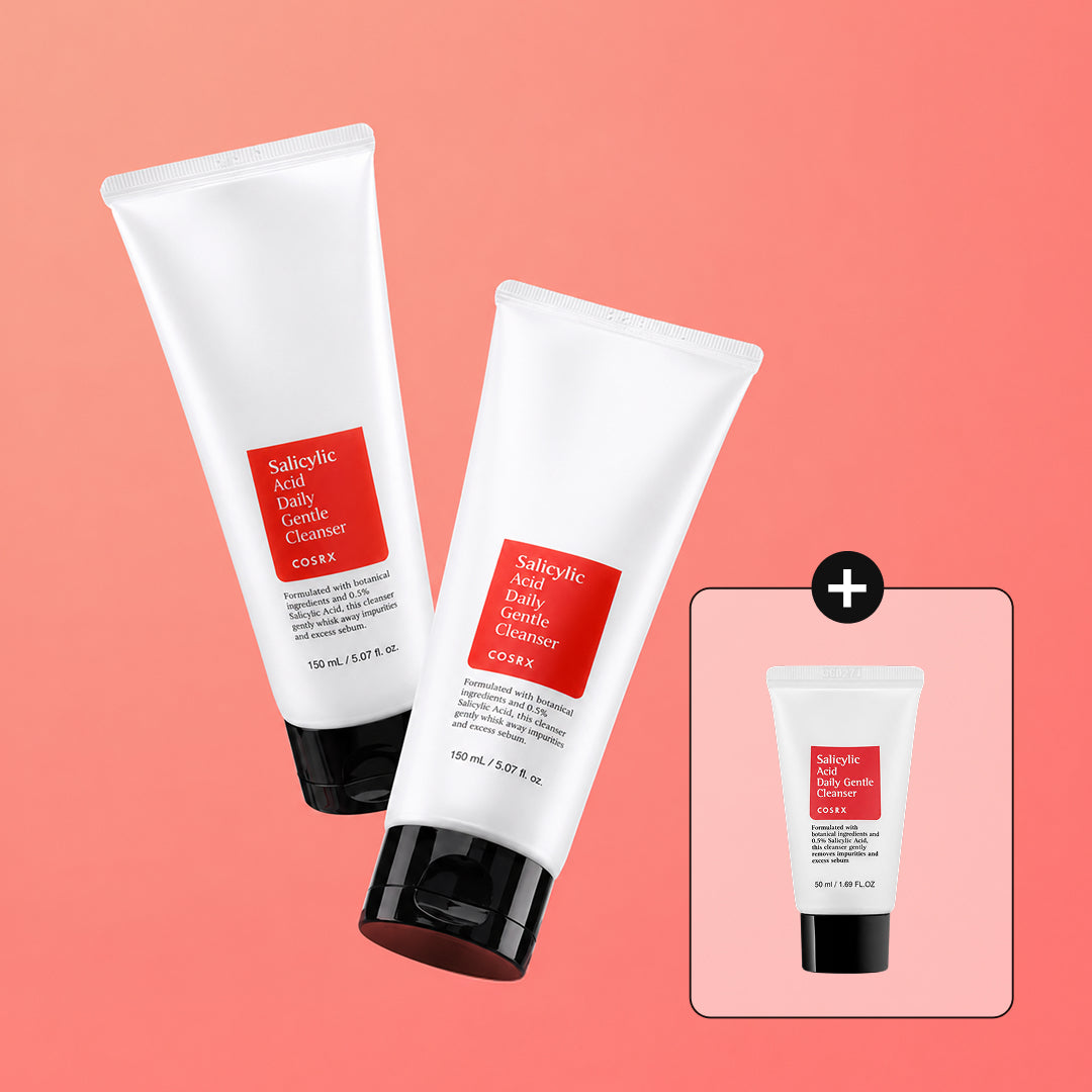 COSRX Salicylic Acid Daily Gentle Cleanser 150ml - two cleanser tubes with a bonus size on a coral background