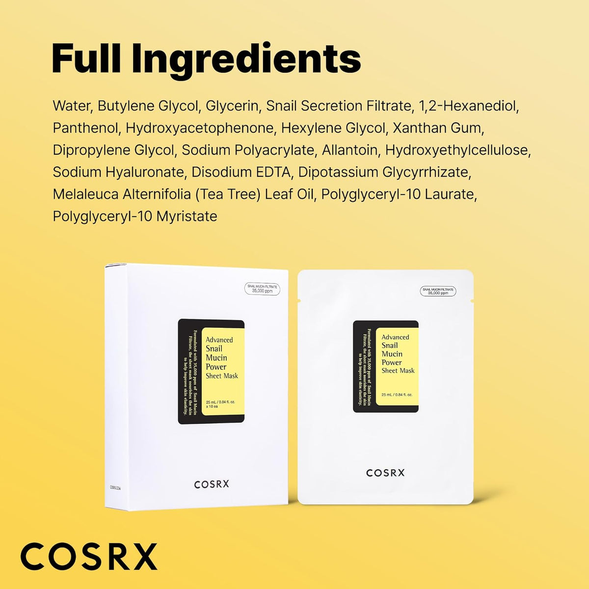 Full ingredients list above the sheet mask box and sachet