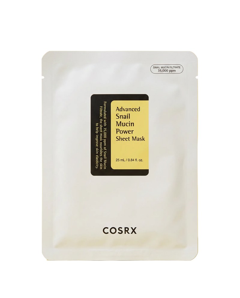 COSRX Snail Mucin Sheet Mask 10 Pack - single sheet mask sachet on a yellow background