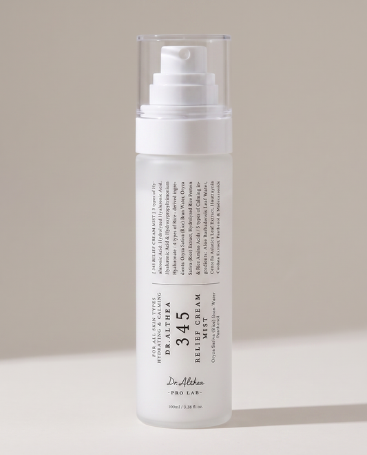 Dr.Althea 345 Relief Cream Mist 100ml - frosted pump bottle on a warm grey background