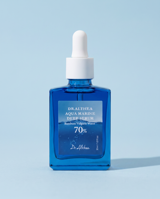 Dr.Althea Aqua Marine Deep Serum 30ml - blue glass bottle, front label, on a pale blue background