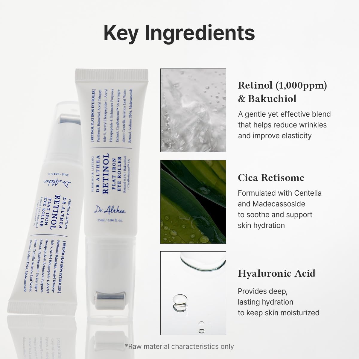 Key ingredients beside two tubes: retinol at 1,000 ppm with bakuchiol, cica retisome, and hyaluronic acid