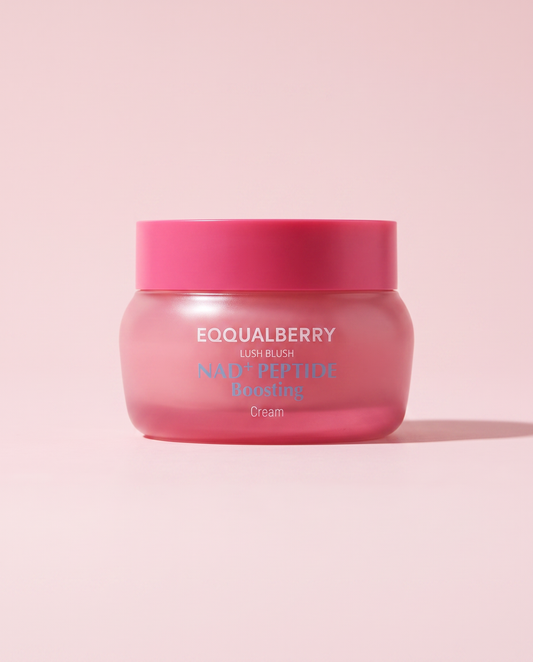 Eqqualberry NAD+ Peptide Boosting Cream 50ml - pink frosted cream jar, front label, pink background
