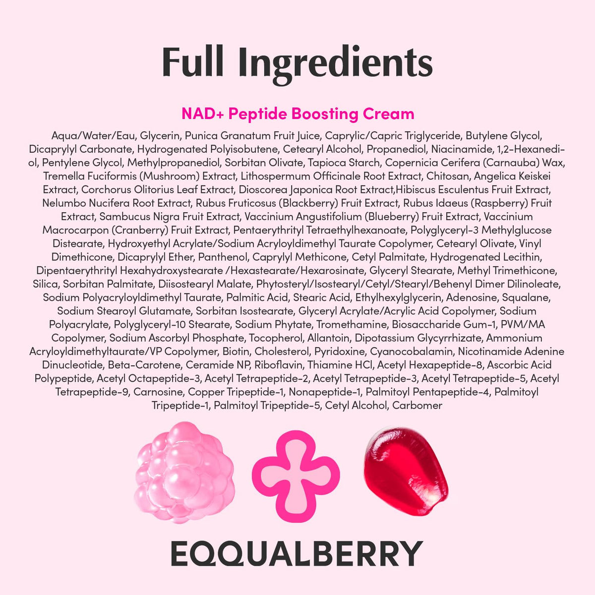 Full ingredients list for the NAD plus Peptide Boosting Cream on a pink background