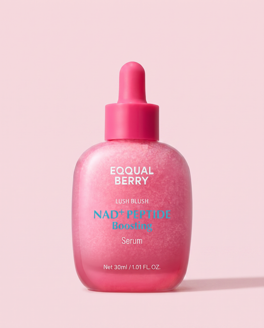 Eqqualberry NAD+ Peptide Boosting Serum 30ml - pink glitter dropper bottle, front label, pink background