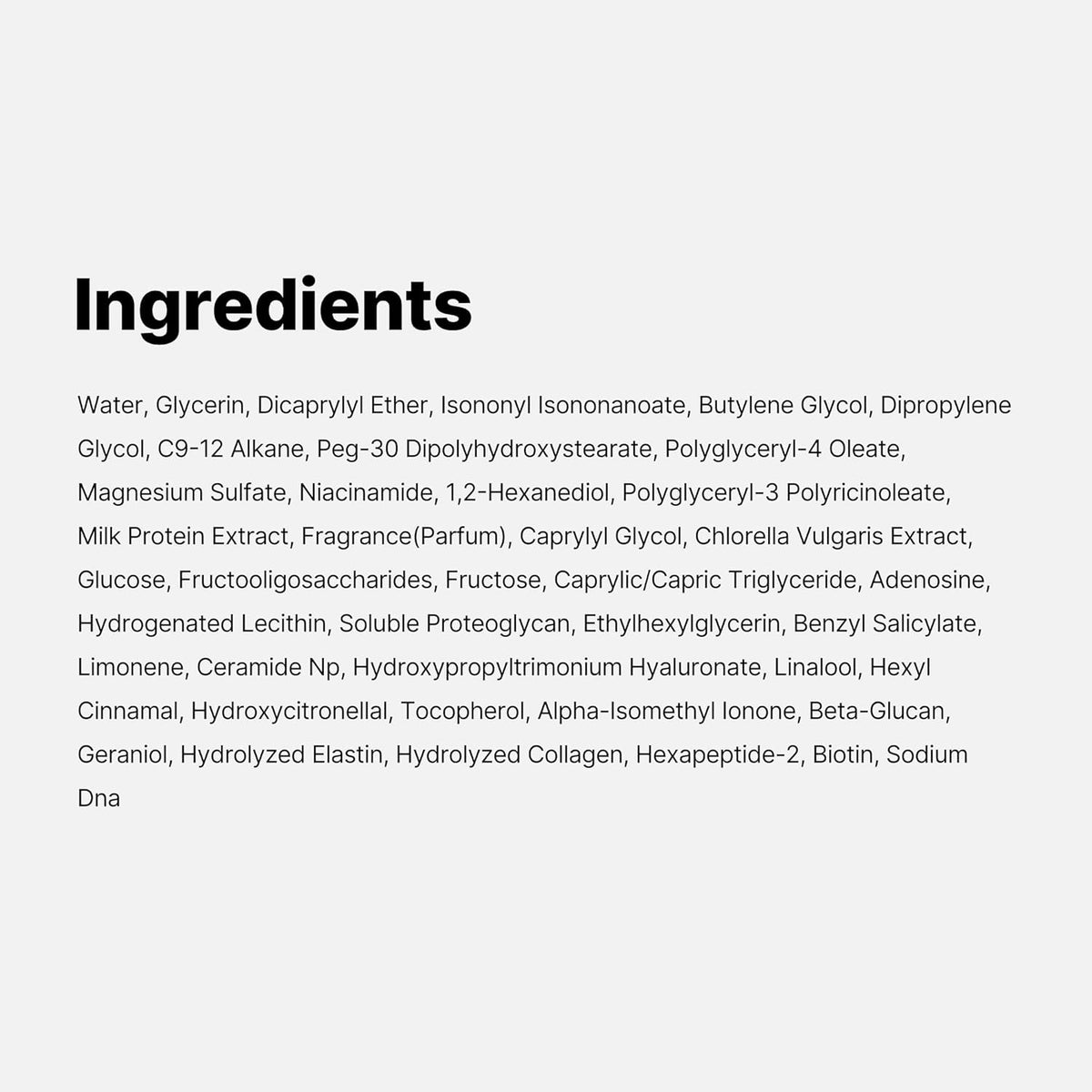 Full ingredients list for the Collagen Glow Booster Milk Serum