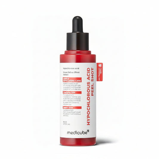 Hypochlorous Acid Peel Shot dropper bottle standing upright on white