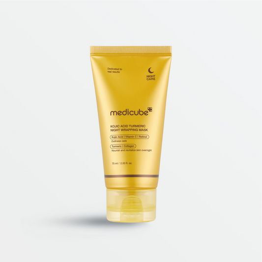 Medicube Kojic Acid Turmeric Night Wrapping Mask 75ml - gold tube standing on a white background