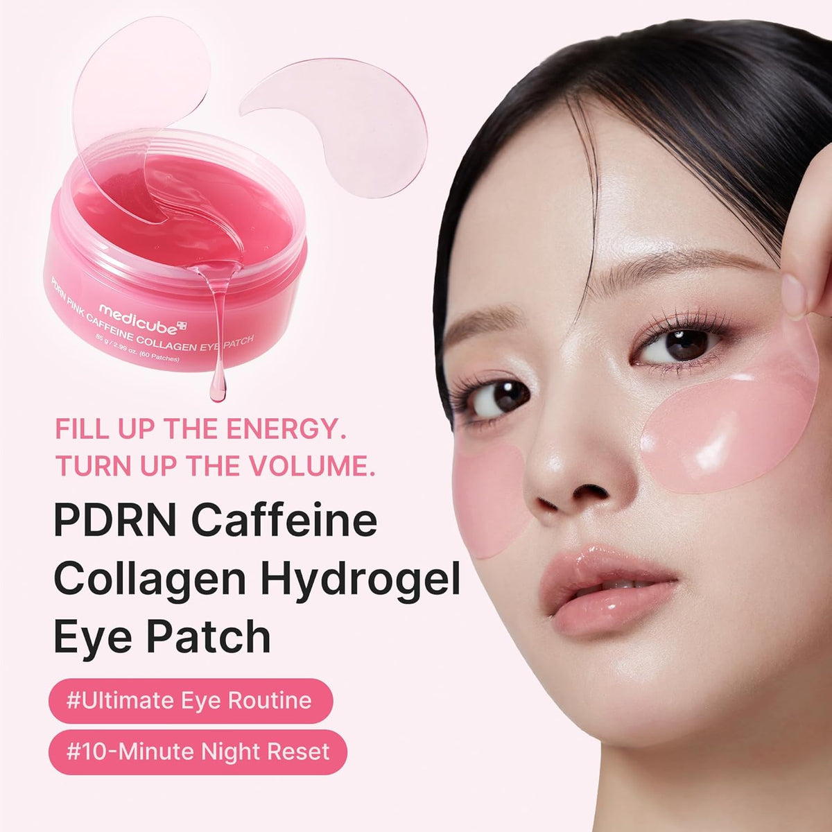 PDRN Caffeine Collagen Hydrogel Eye Patch jar beside a model wearing the patches under her eyes