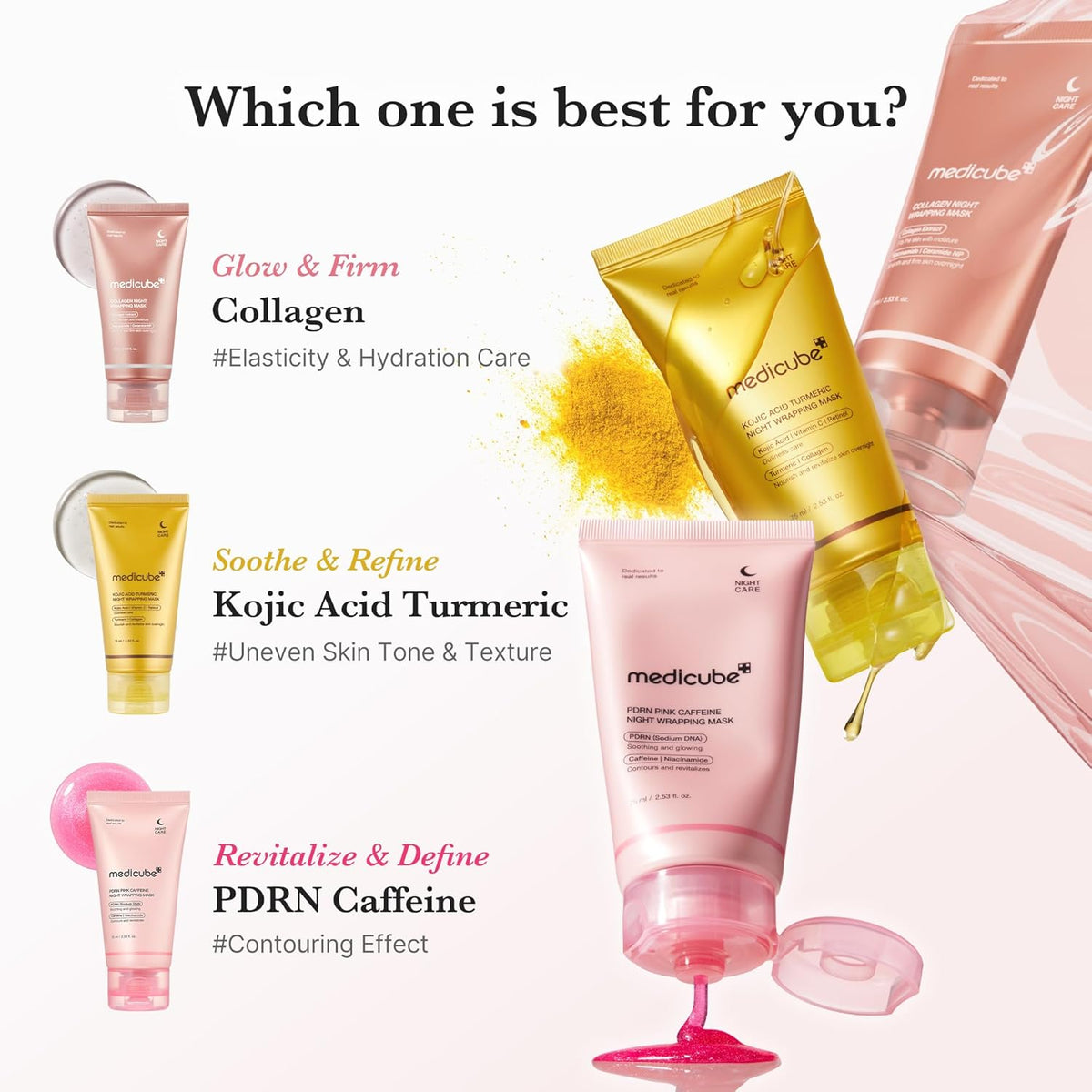 Which one is best for you: the three Medicube wrapping masks compared - collagen for glow and firmness, kojic acid turmeric for tone and texture, PDRN caffeine for contouring