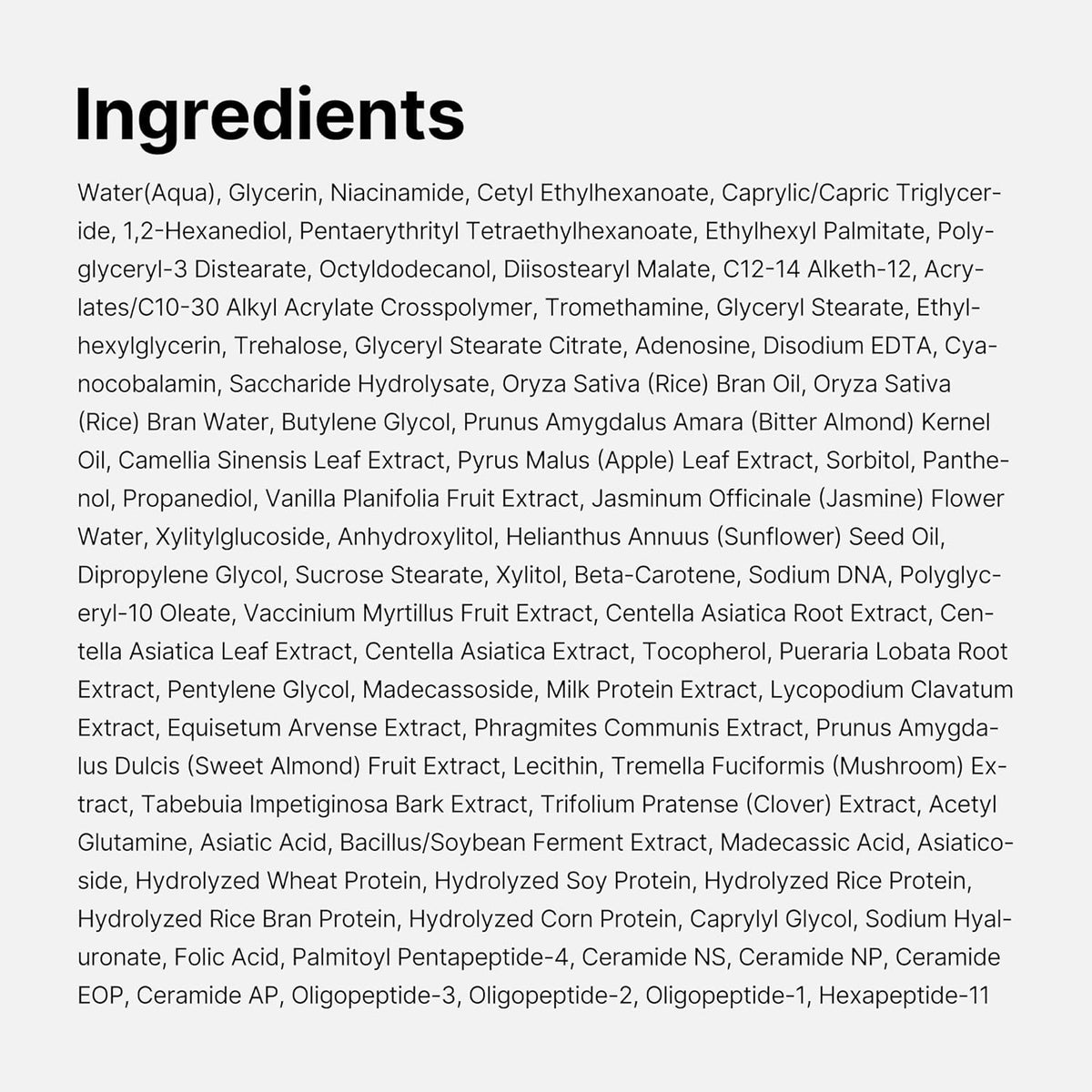 Full ingredients list panel for the PDRN Pink Niacinamide Milky Toner