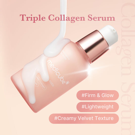Triple Collagen Serum bottle with cream pouring over it, tagged firm and glow, lightweight and creamy velvet texture