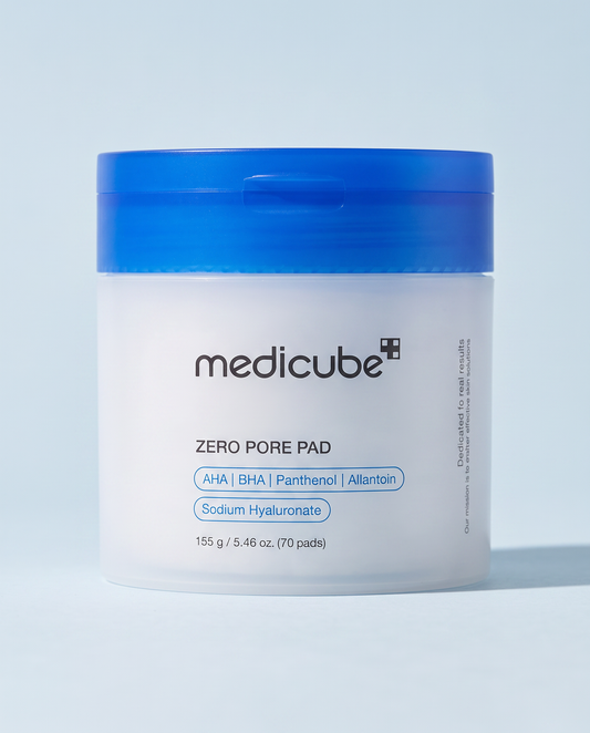 Medicube Zero Pore Pad 70 Pads 155g - white tub with blue lid, close crop of the front label