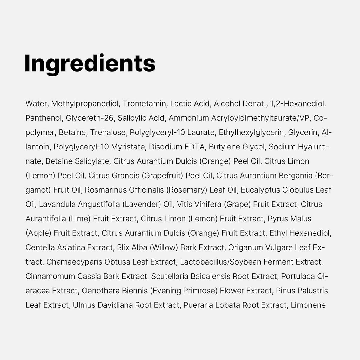 Full ingredients list panel for Zero Pore Pad