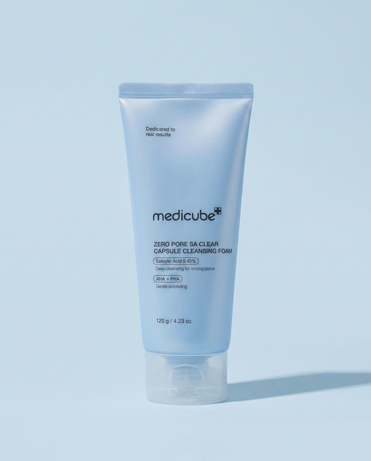Medicube Zero Pore Salicylic Acid Capsule Cleanser 120g - pale blue cleanser tube upright, blue background