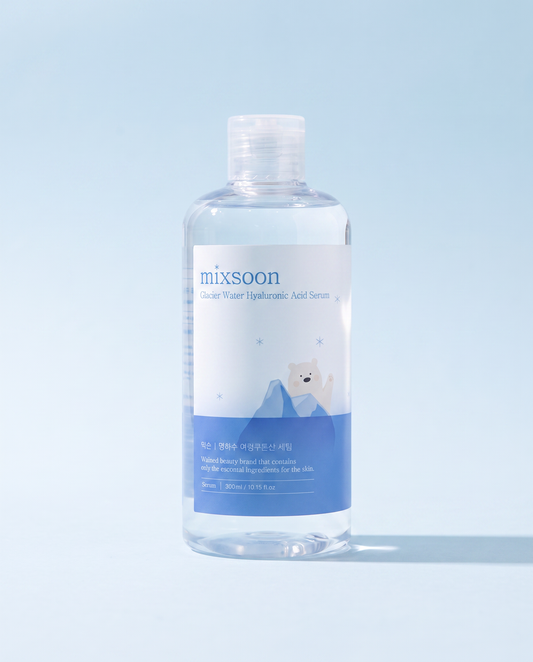 Mixsoon Glacier Water Hyaluronic Acid Serum 300ml - clear toner bottle, front label, pale blue background