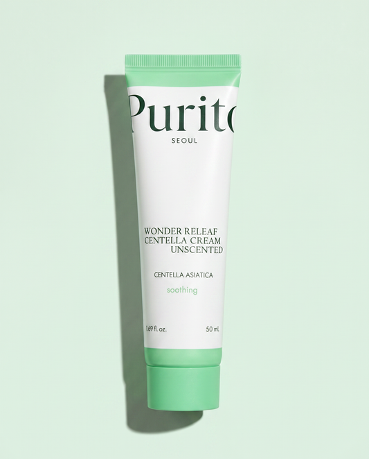PURITO Wonder Releaf Centella Cream 50ml - green and white cream tube on a pale green background