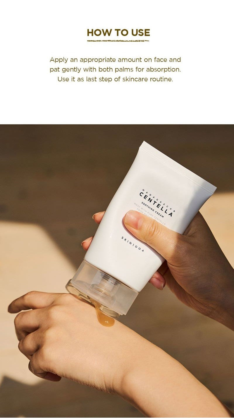 How to use: SKIN1004 Madagascar Centella Soothing Cream 75ml squeezed onto the back of the hand, then patted onto the face as the last skincare step