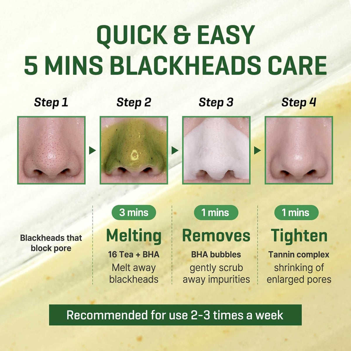 Quick and easy five-minute blackhead care in four nose photos: melting for three minutes, removing for one, tightening for one; use two to three times a week