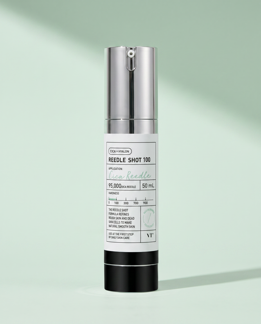 VT Cosmetics CICA Reedle Shot 100 50ml - silver and black airless pump bottle, white background