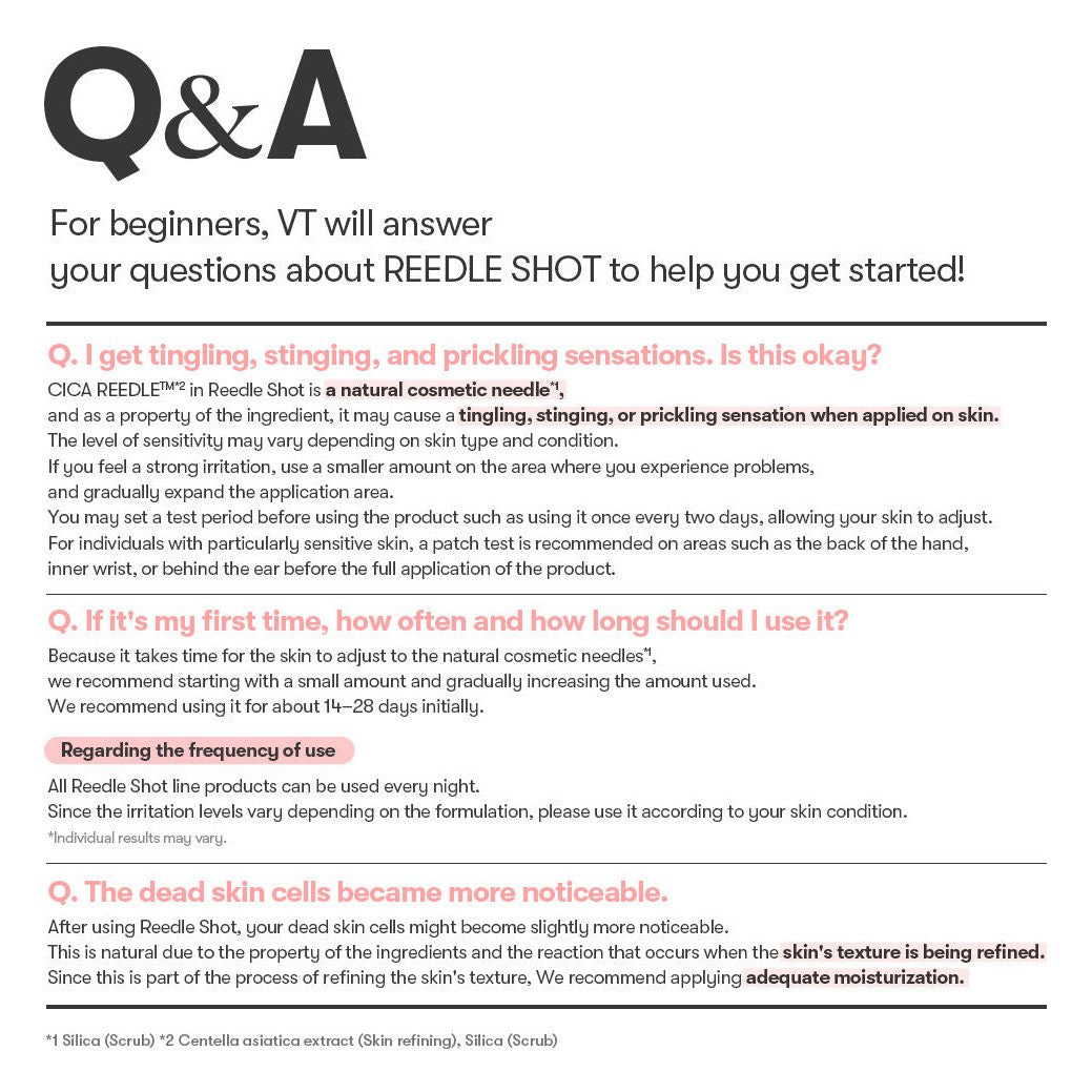 VT Cosmetics Collagen Reedle Shot 300 50ml beginner Q&A: why the natural cosmetic needles may tingle, how to start with a small amount, and to follow with good moisturising