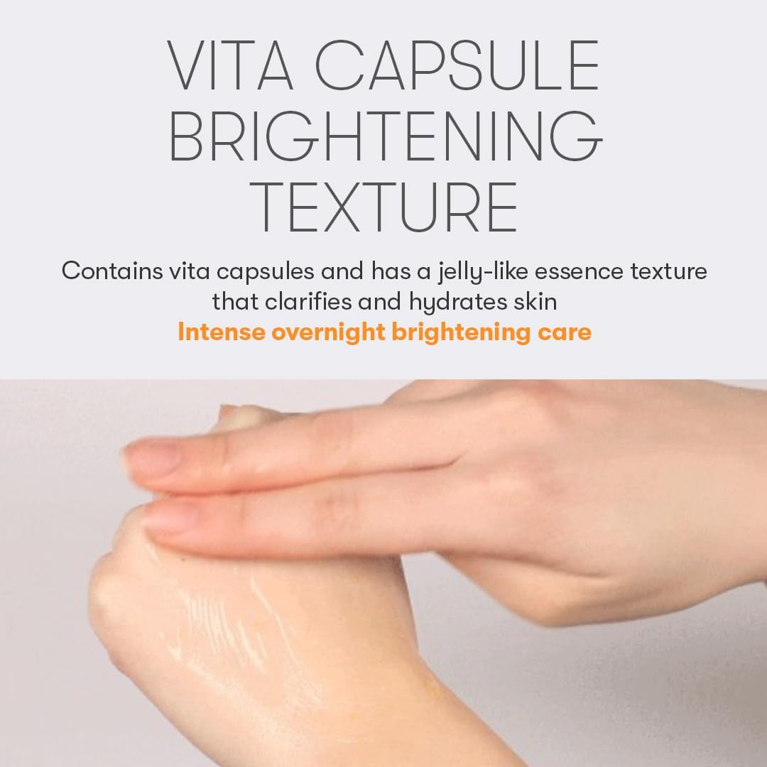 Vita capsule brightening texture: a jelly-like essence being spread on the back of a hand, intense overnight brightening care
