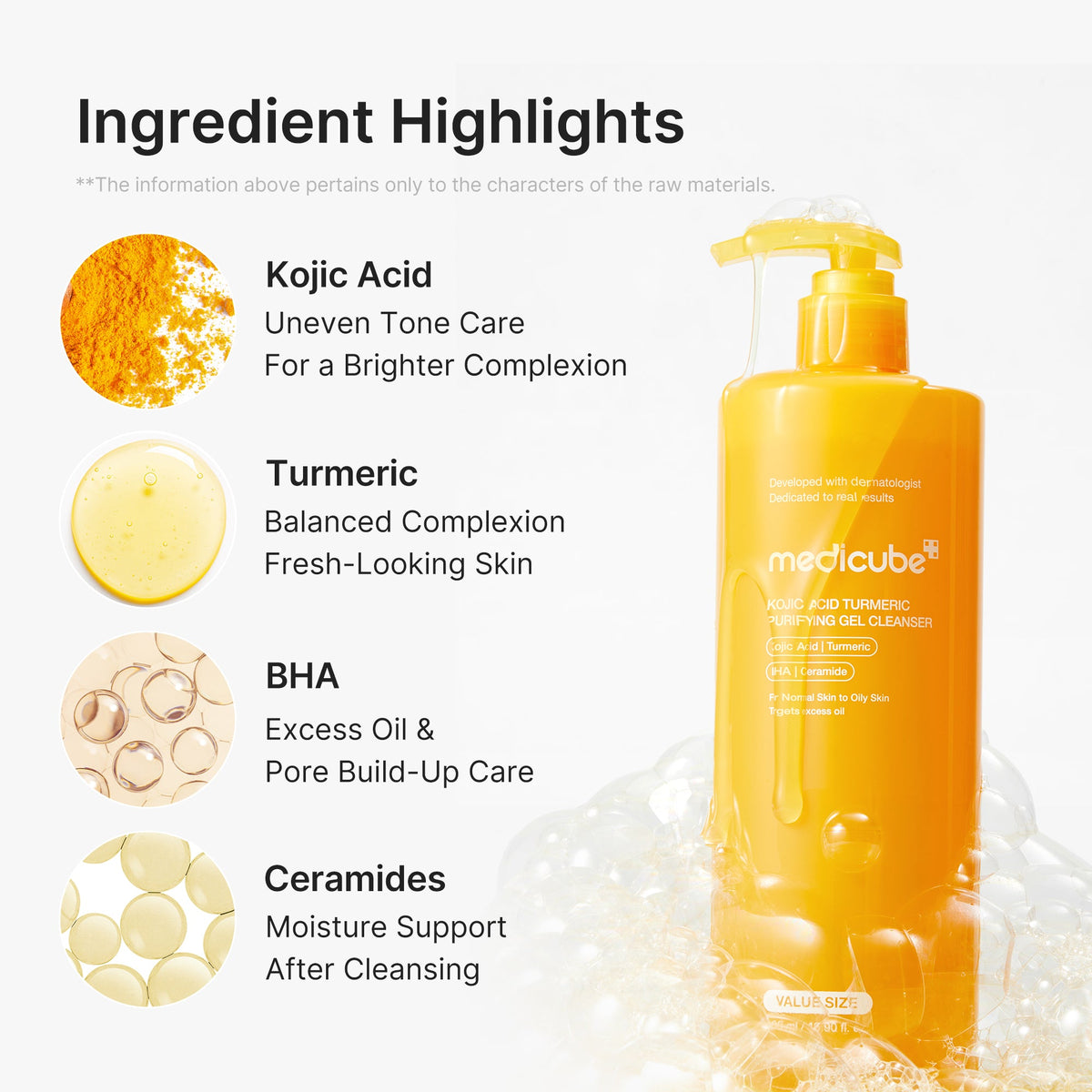 Ingredient highlights: kojic acid, turmeric, BHA and ceramides beside the bottle