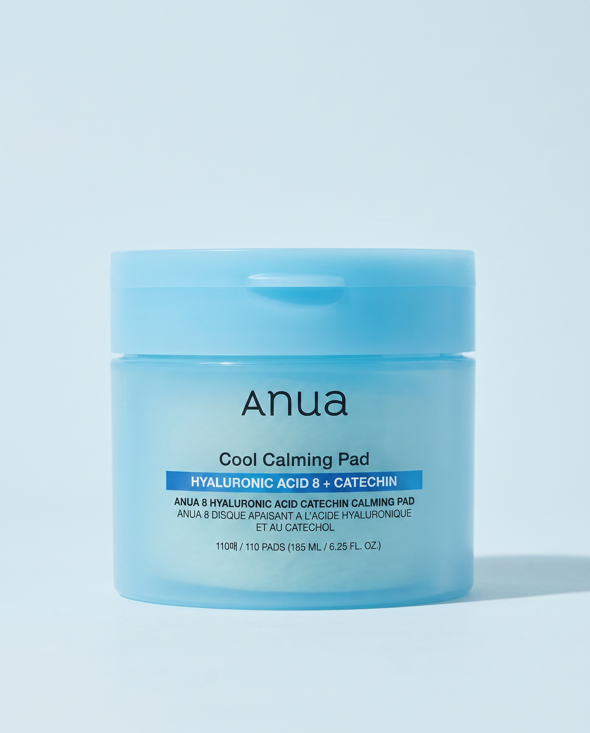 Anua 8 Hyaluronic Acid Catechin Calming Pad 110 Pads 185ml - blue toner pad tub on a pale blue background