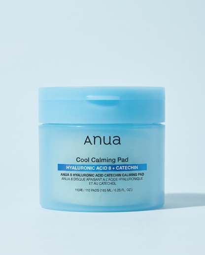 Anua 8 Hyaluronic Acid Catechin Calming Pad 110 Pads 185ml - blue toner pad tub on a pale blue background