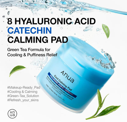 8 Hyaluronic Acid Catechin Calming Pad jar in a water splash with green tea leaves, a green tea formula for cooling and puffiness relief
