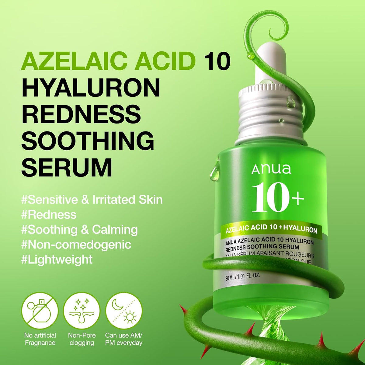 Anua Azelaic Acid 10 Hyaluron Redness Soothing Serum bottle with its claims: for sensitive and irritated skin, soothing, non-comedogenic and lightweight