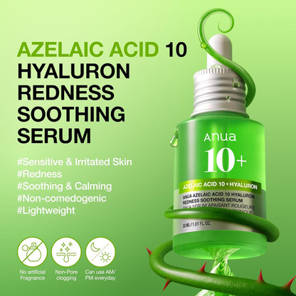 Anua Azelaic Acid 10 Hyaluron Redness Soothing Serum bottle with its claims: for sensitive and irritated skin, soothing, non-comedogenic and lightweight