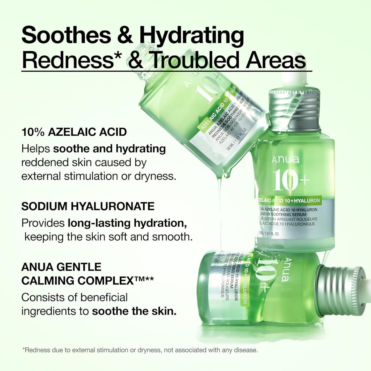 The three key ingredients: 10% azelaic acid to soothe reddened skin, sodium hyaluronate for long-lasting hydration, and Anua's gentle calming complex