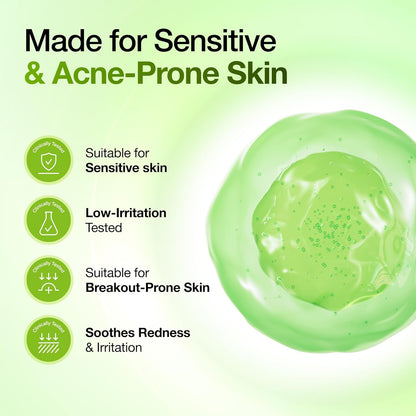 Four claims over a green gel swatch: suitable for sensitive skin, low-irritation tested, suitable for breakout-prone skin, soothes redness and irritation
