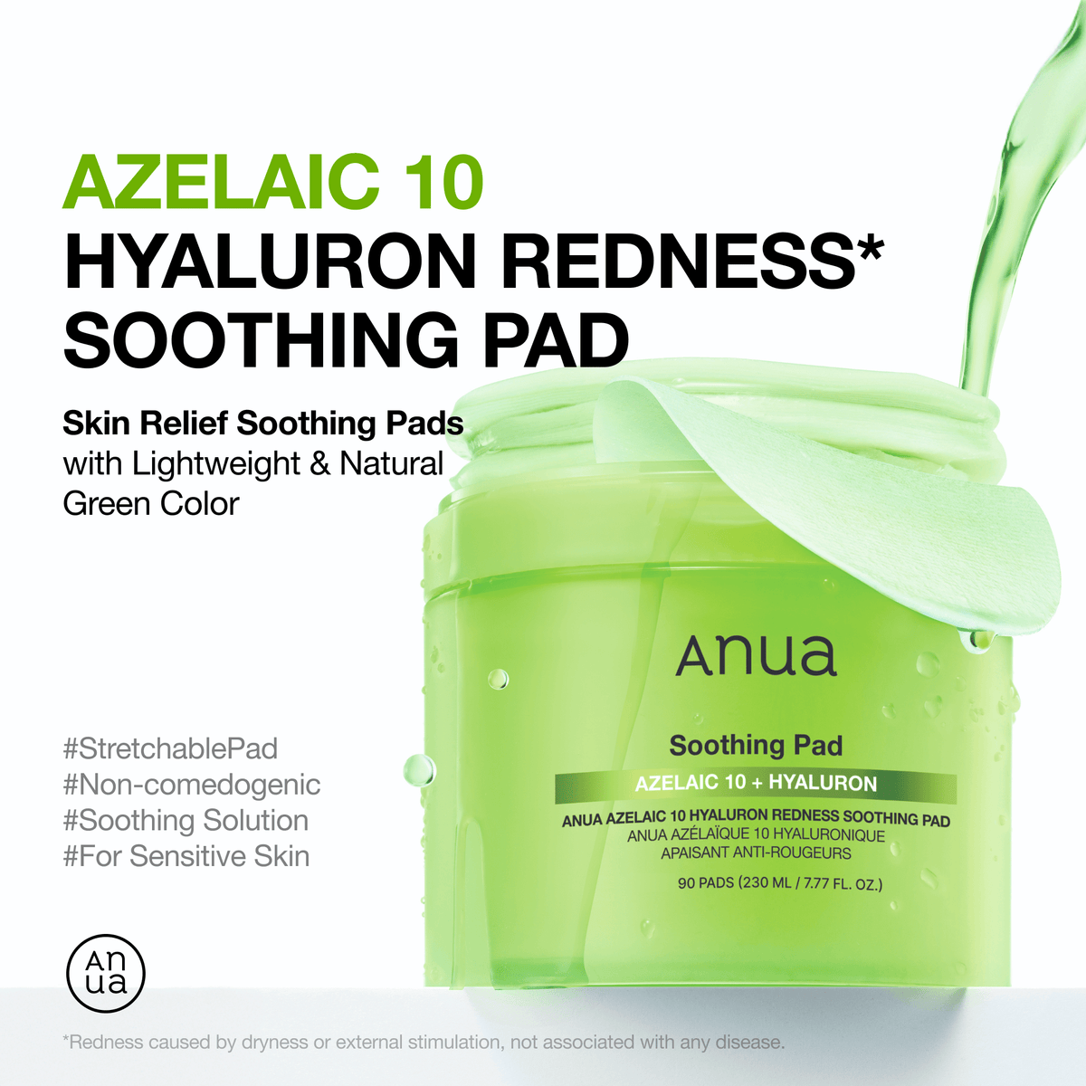 Anua Azelaic Acid 10% Soothing Toner Pads 90 Pads - green pad tub with a stretched pad beside a product panel