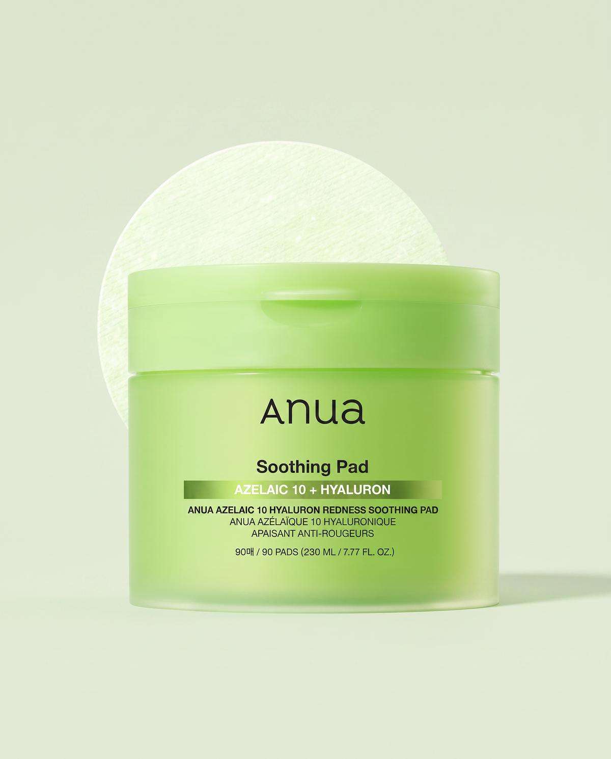 Anua Azelaic Acid 10% Soothing Toner Pads 90 Pads - green pad tub on a pale green background