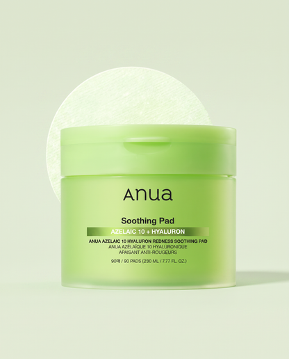 Anua Azelaic Acid 10% Soothing Toner Pads 90 Pads - green pad tub on a pale green background